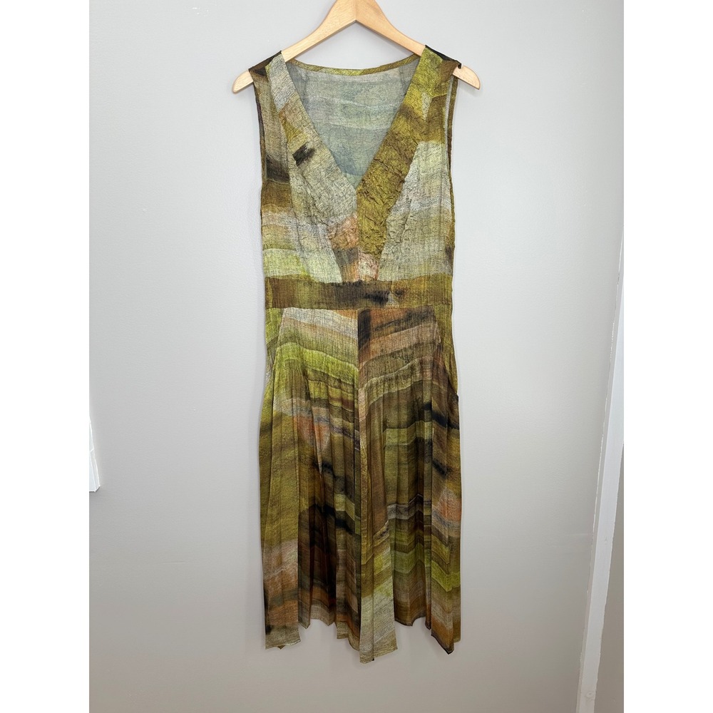 Babette Woman's Midi‎ Dress Green Brown Abstract Print Pleated Sleeveless L